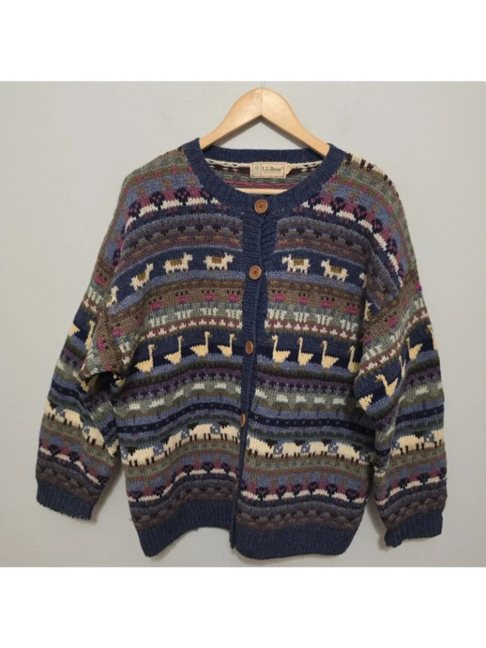L.L. Bean Multicolor Fair Isle Wool Button Cardigan - Navy, Cream, Green - Picture 3 of 8